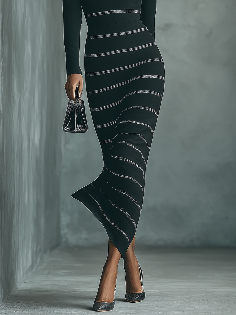 Women's Black Knit High-neck Slim-fit Maxi Dress MDA1440H6T