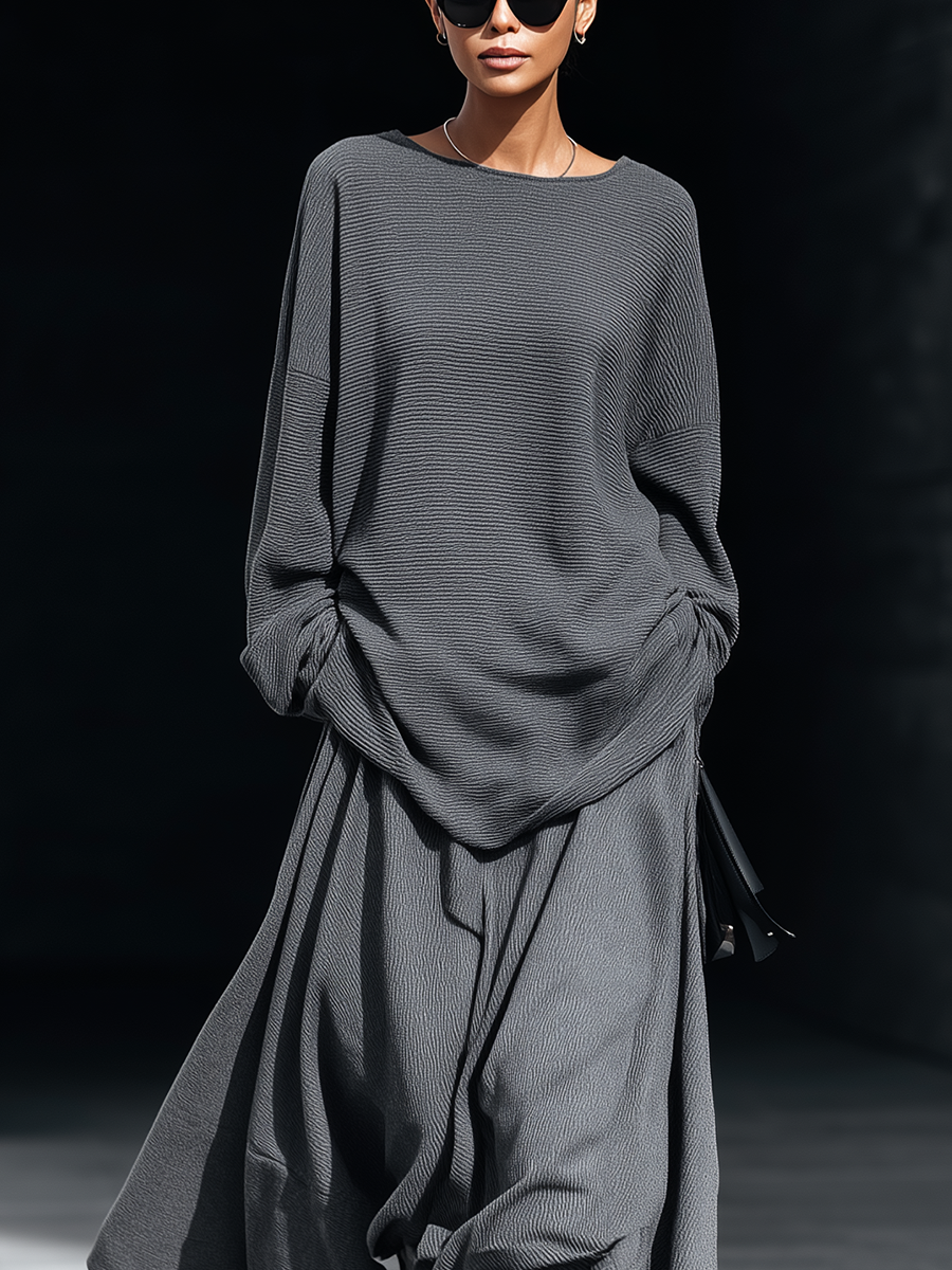 Women's Dark Grey Knit Oversized Top And Long Skirt Set MDA0544K6T