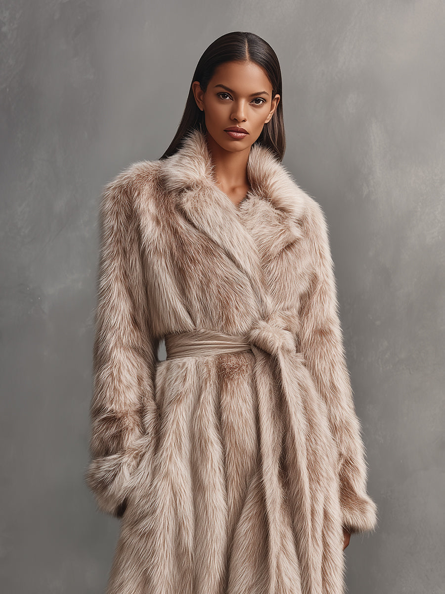 Women's Beige Luxurious Faux Fur Belted Longline Coat MDA2080J0I