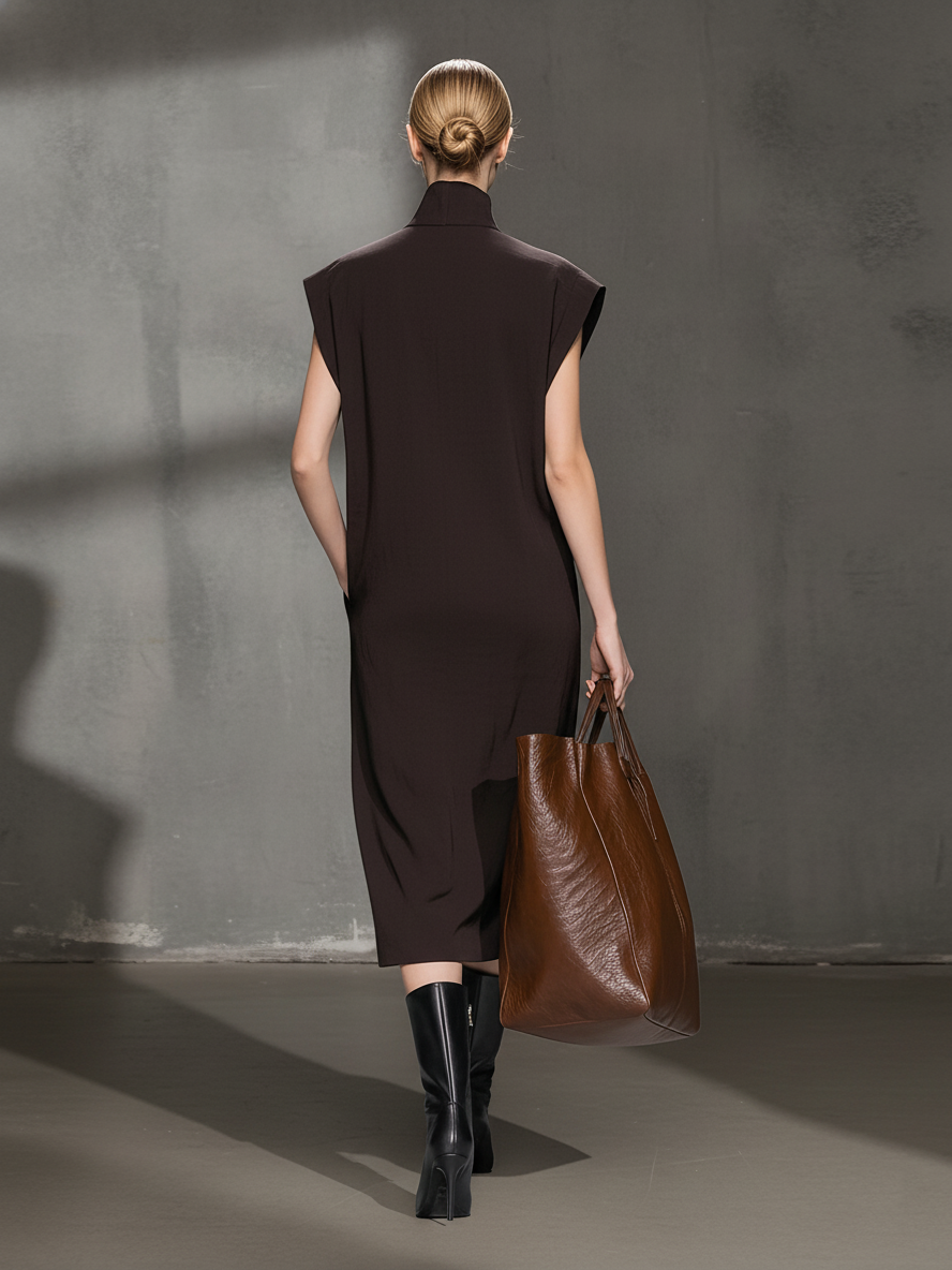 Women's Minimalist Cotton-Blend Dark Brown Turtleneck Sleeveless Pocketed Midi Dress MDA2454L0AU