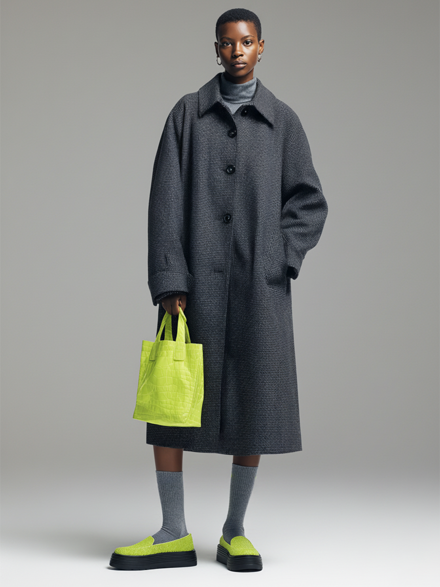 Women's Grey Houndstooth Wool Chic Lapel Loose-Fit Midi Coat MDA3150J5I