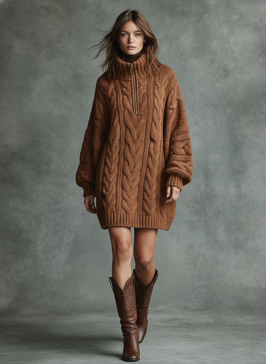 Women's Loose Cable Knit Zipper High Neck Mini Dress MDA2805J3Y