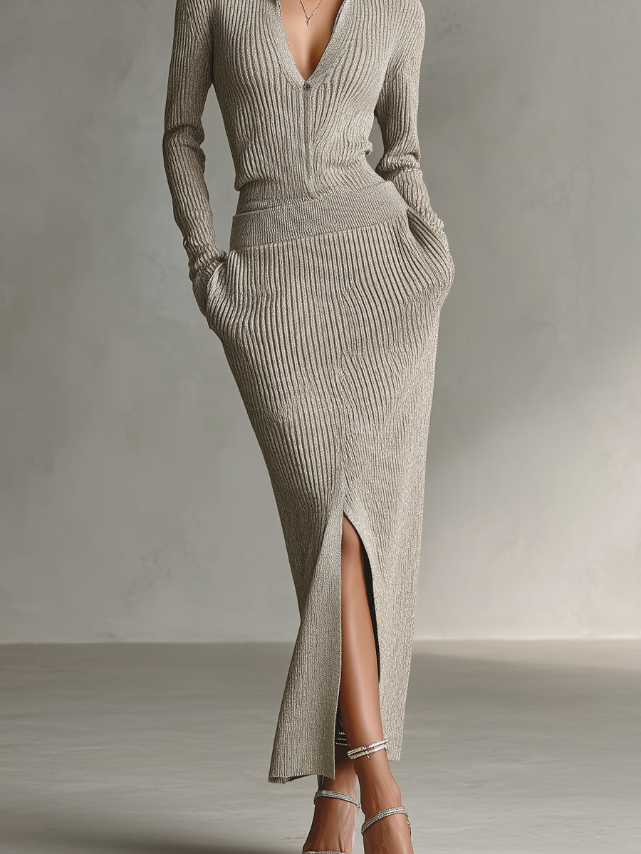 Women's Beige Elegant Rib - Knit Collared Split Skirt Set MDA1638H2I