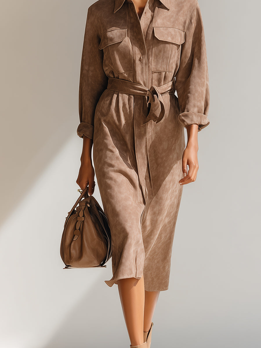 Women's Taupe Elegant Suede Belted Pocket - Detailed Shirt Midi Dress MDA2216H4I