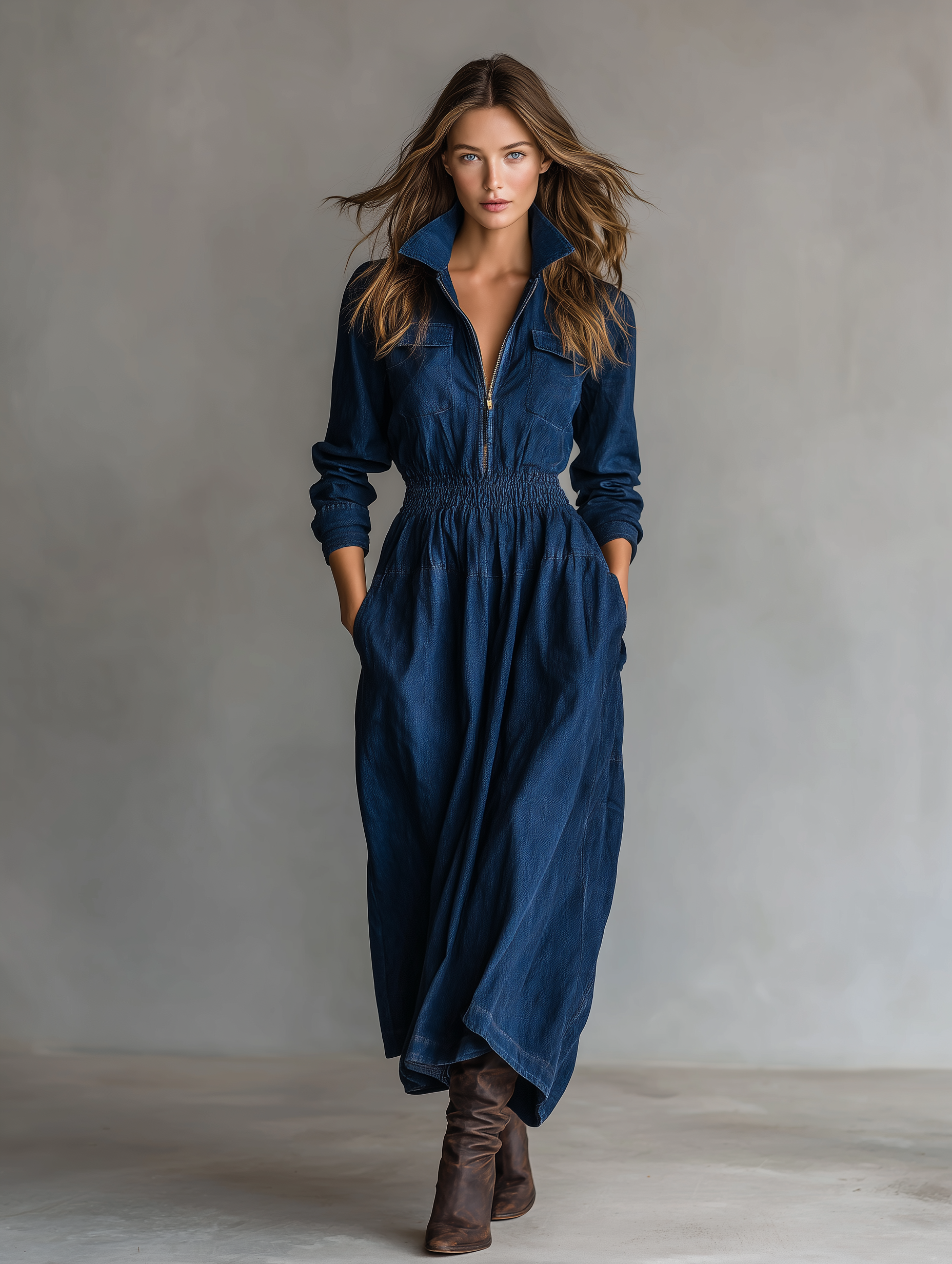 Women's Fashionable, Elegant, And Casual Washed Blue Denim Long Dress With Zip-up Neckline, Long Sleeves, Fitted Waist, And Chest Pockets MDA1888K0AN
