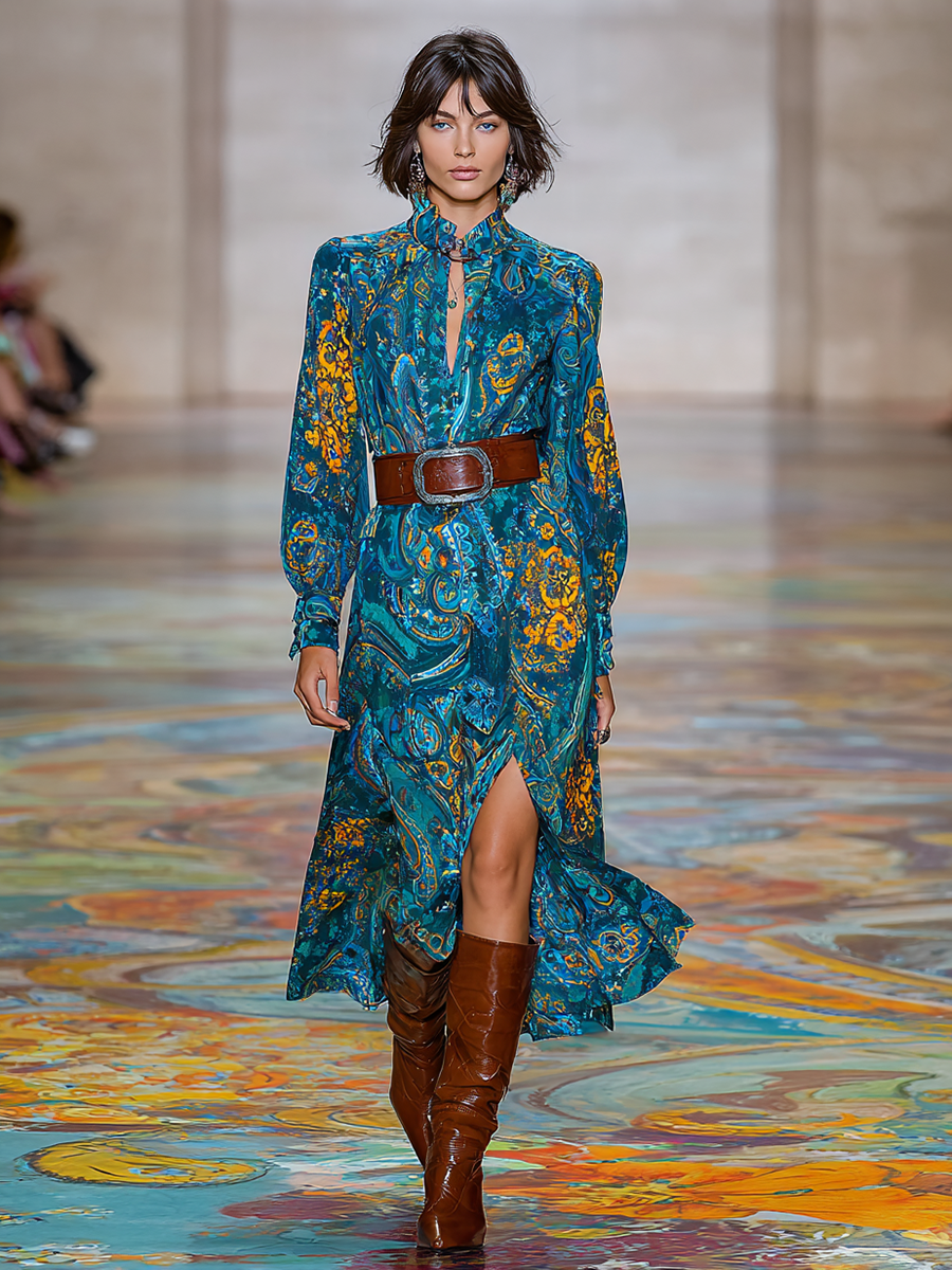 Women's Paisley Print Stand Collar Long Sleeve Loose Slit Midi Dress (Belt Not Included)MDA2485G7Y