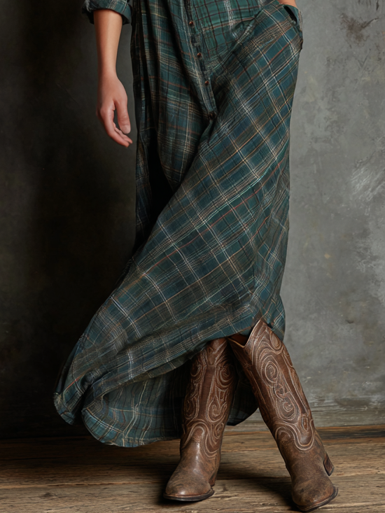 Women's Plaid Lapel Single-Breasted Shirt Maxi Dress MDA1249H1Y