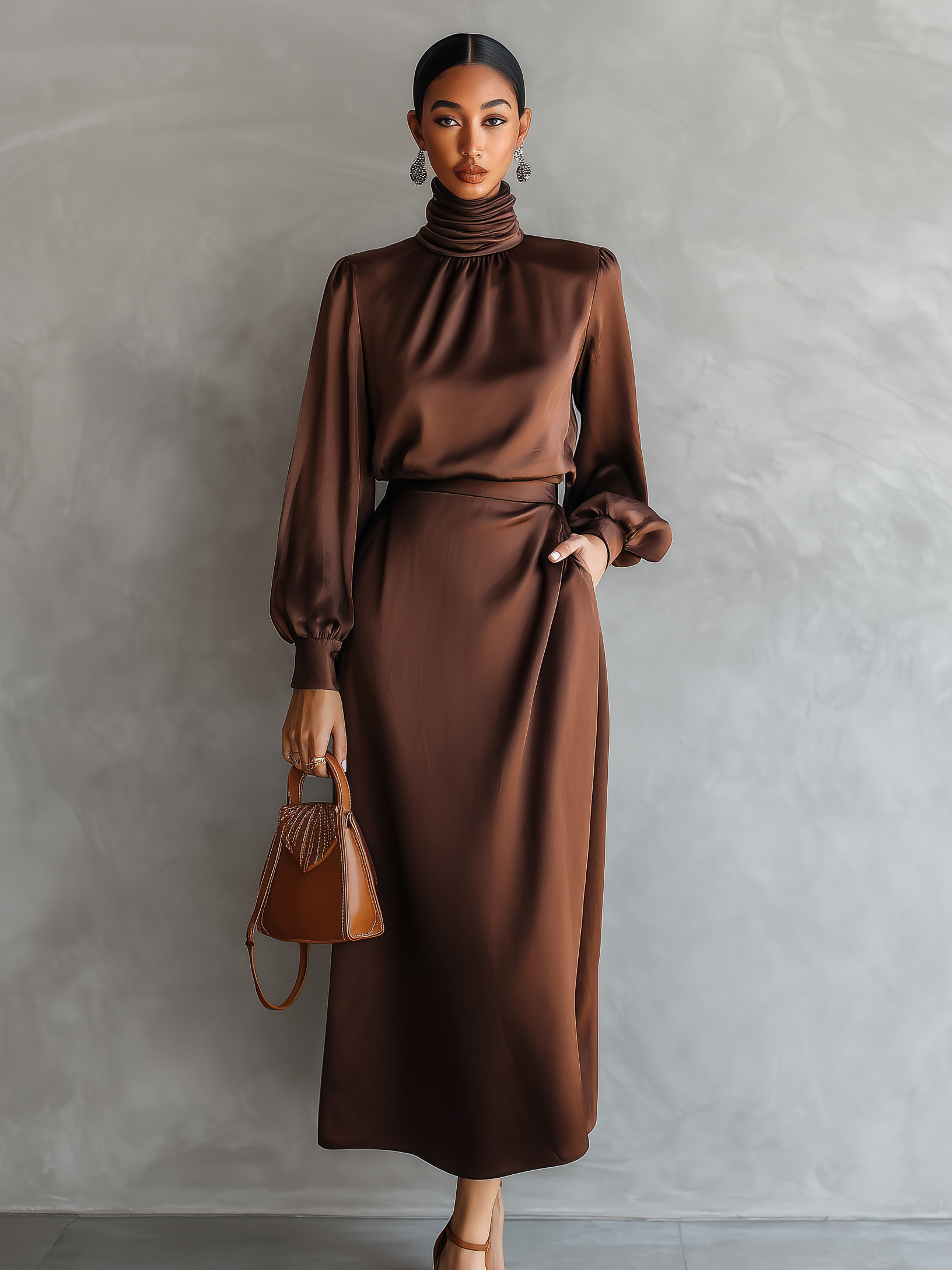 Women's Elegant Brown Satin Round Neck Long Sleeve Loose Midi Dress MDA2301L2AN