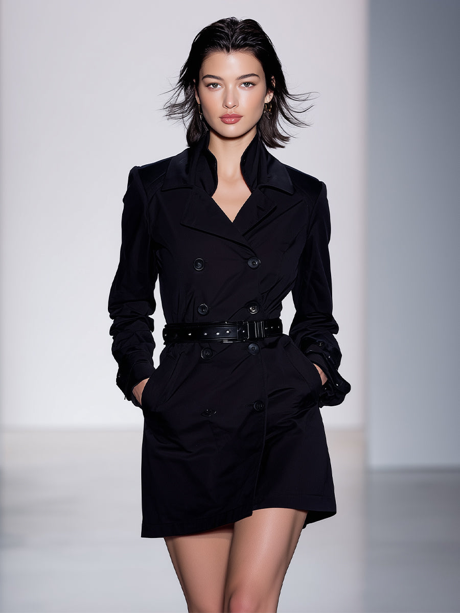 Women's Black Elegant Trench Coat With Double - Breasted Design (without Belt) MDA2660H7I