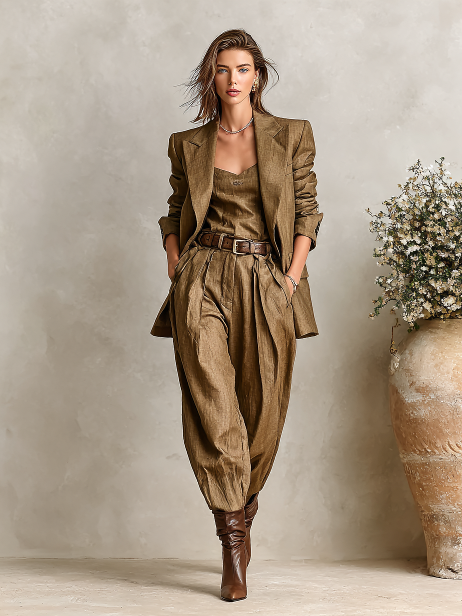 Women's Cotton-Linen Blend Double-Breasted Blazer Trousers Set MDA1250H5Y
