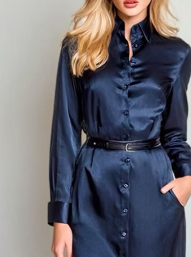 Women's Elegant And Stylish Navy Blue Acetate Shirt Dress With Belt MDA0656K0AN