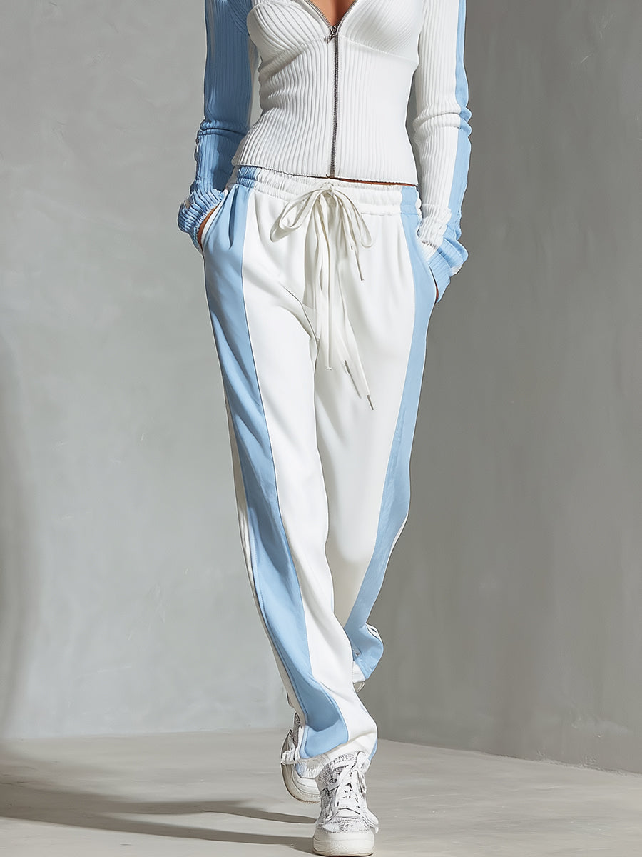Women's Blue And White Sporty Ribbed Knit Zip - Up Hooded Tracksuit MDA2352I6I