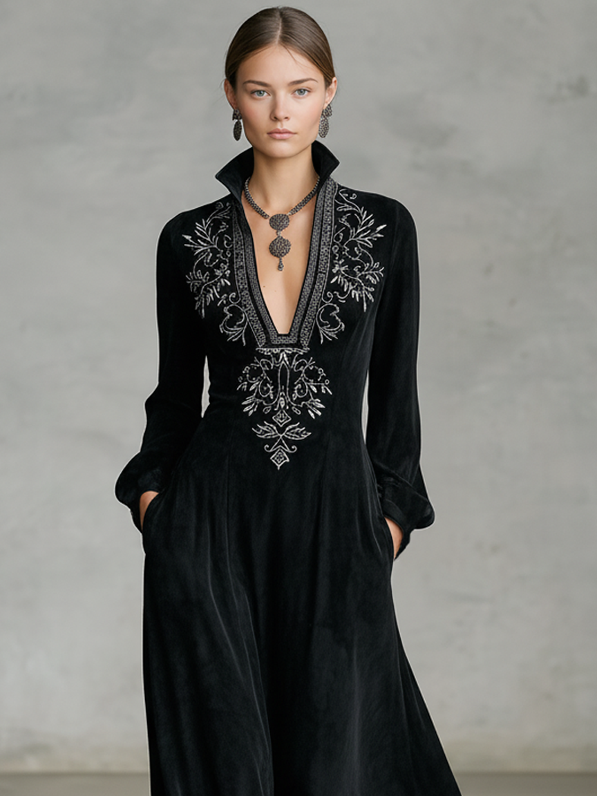 Women's Faux Suede Long-sleeved Maxi Dress With Embroidered Neckline MDA2202K7Y