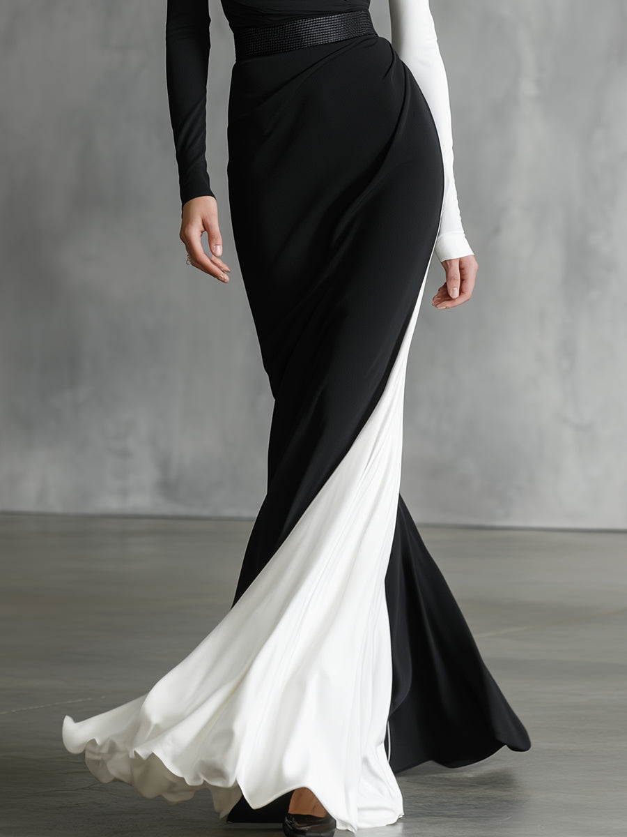 Women's Black - White Classic Jersey Asymmetric One - Shoulder Maxi Dress MDA2187J2I