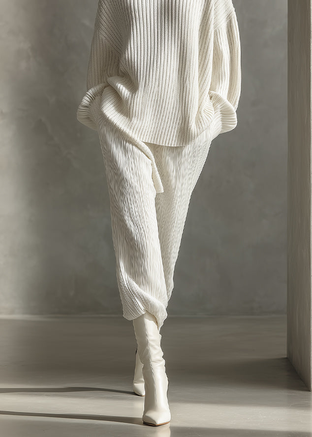 Women's White Minimalist Rib - Knit Oversized Sweater & Pants Set MDA1302H4I