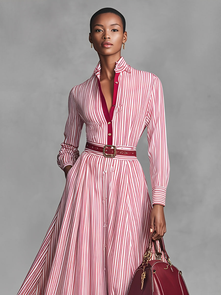Women's Pink & Red Striped Cotton Elegant Belted Shirt Maxi Dress MDA0577K5I