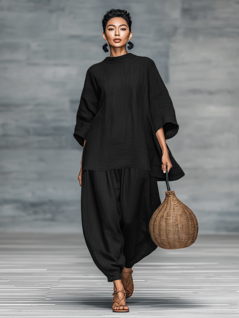 Women's Minimalist Linen-blend Blouse And Wide-leg Trousers Set MDA1997L0Y