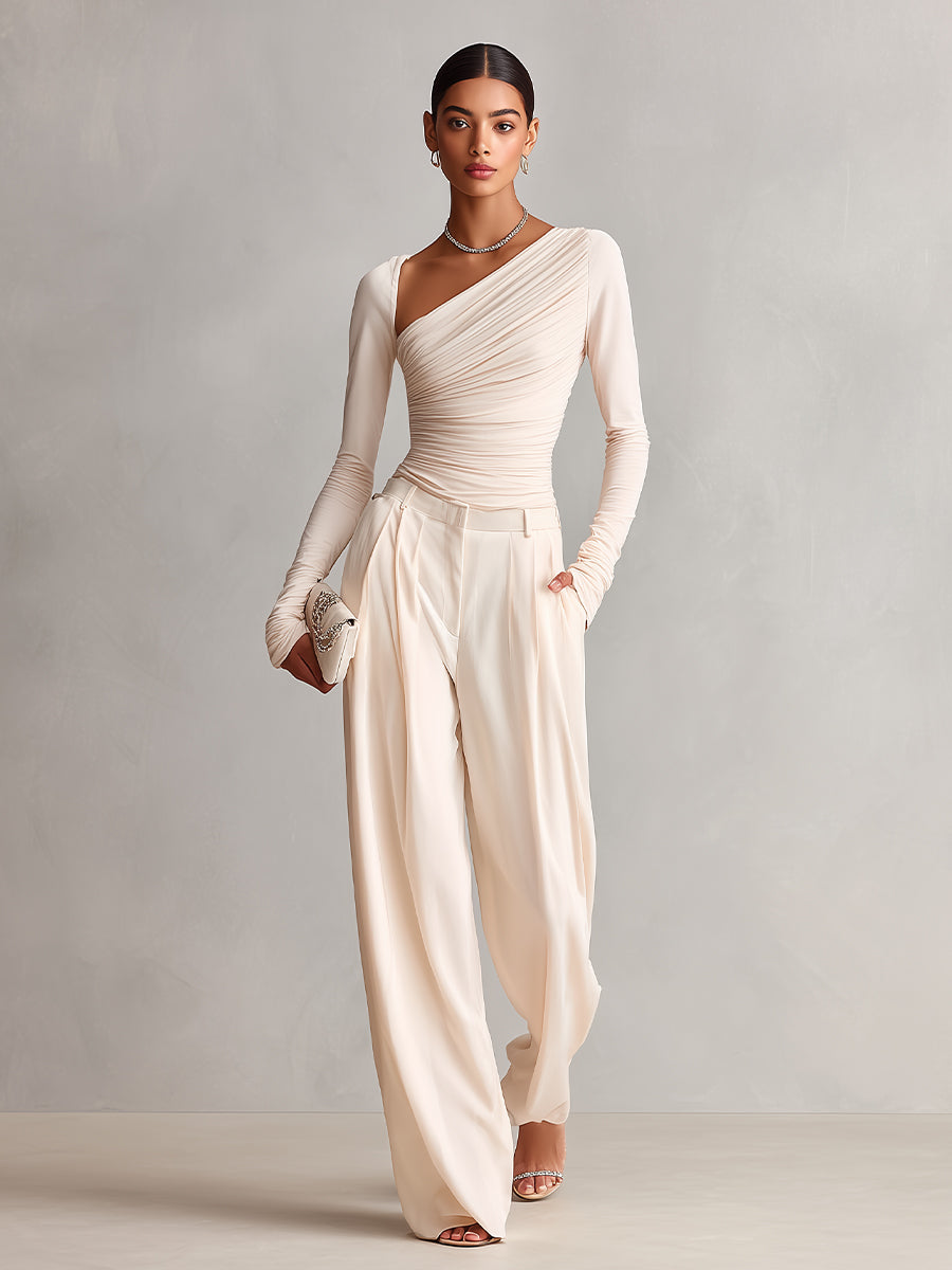 Women's Ivory Silky Stretchy Set With One-Shoulder Ruched Top & Wide-Leg Pants, Timeless Elegant Style Set MDA0590L2I