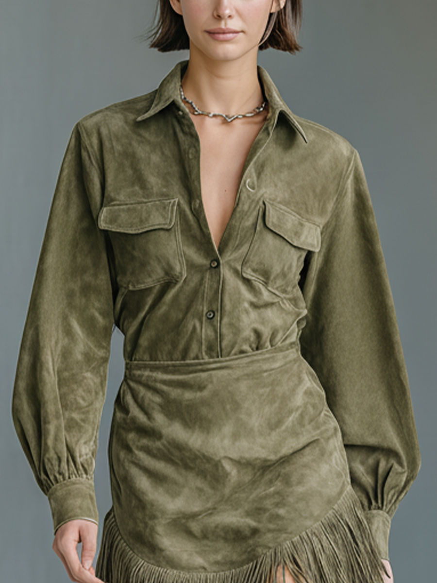 Women's Olive Green Faux Suede Fringed Hem Mini Dress MDA1514J3T