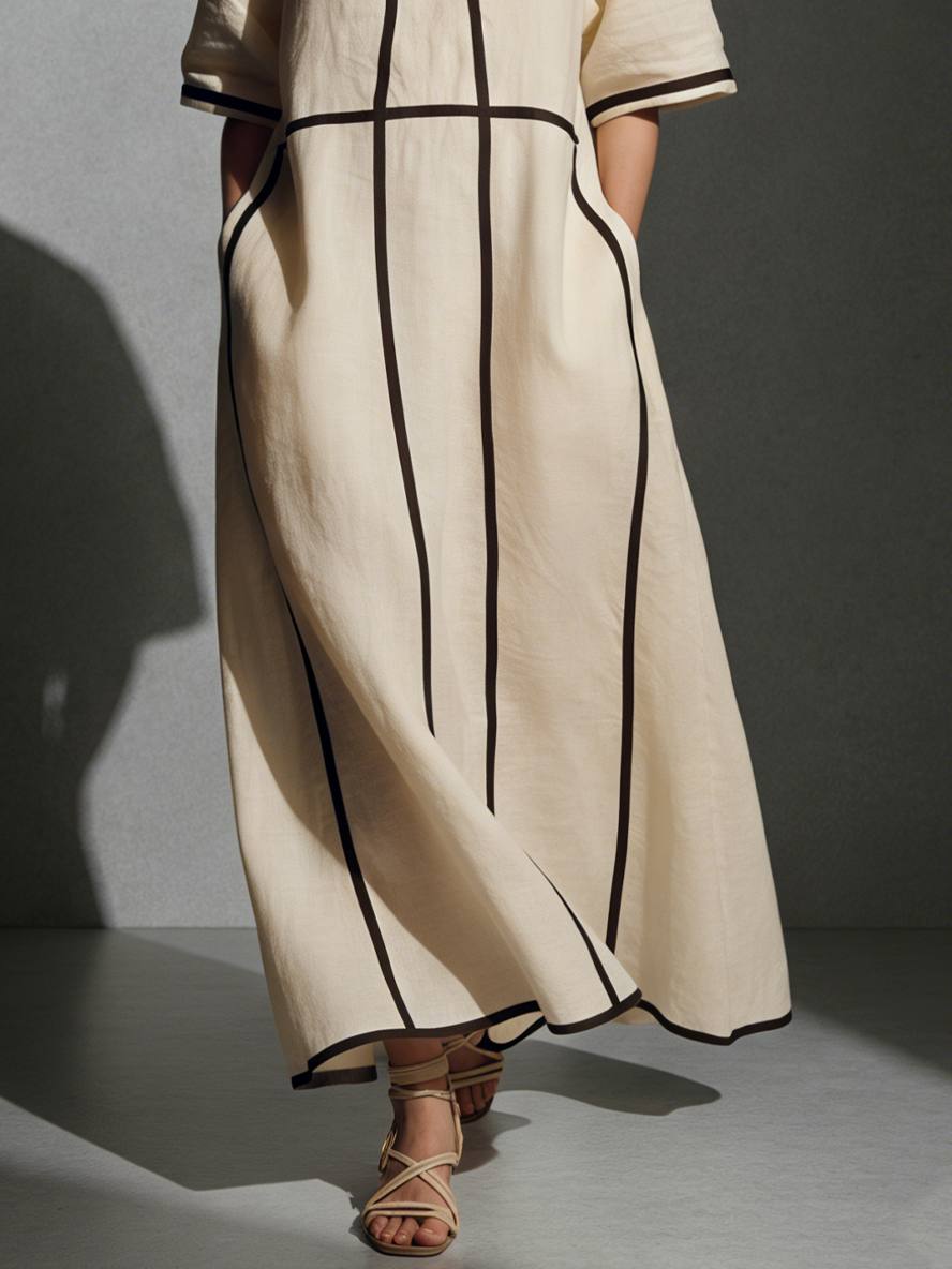 Women's Modern Linen Blend Beige Stand-Collar Half-Sleeve Contrast-Line Pocketed Maxi Dress  MDA2924L4AU