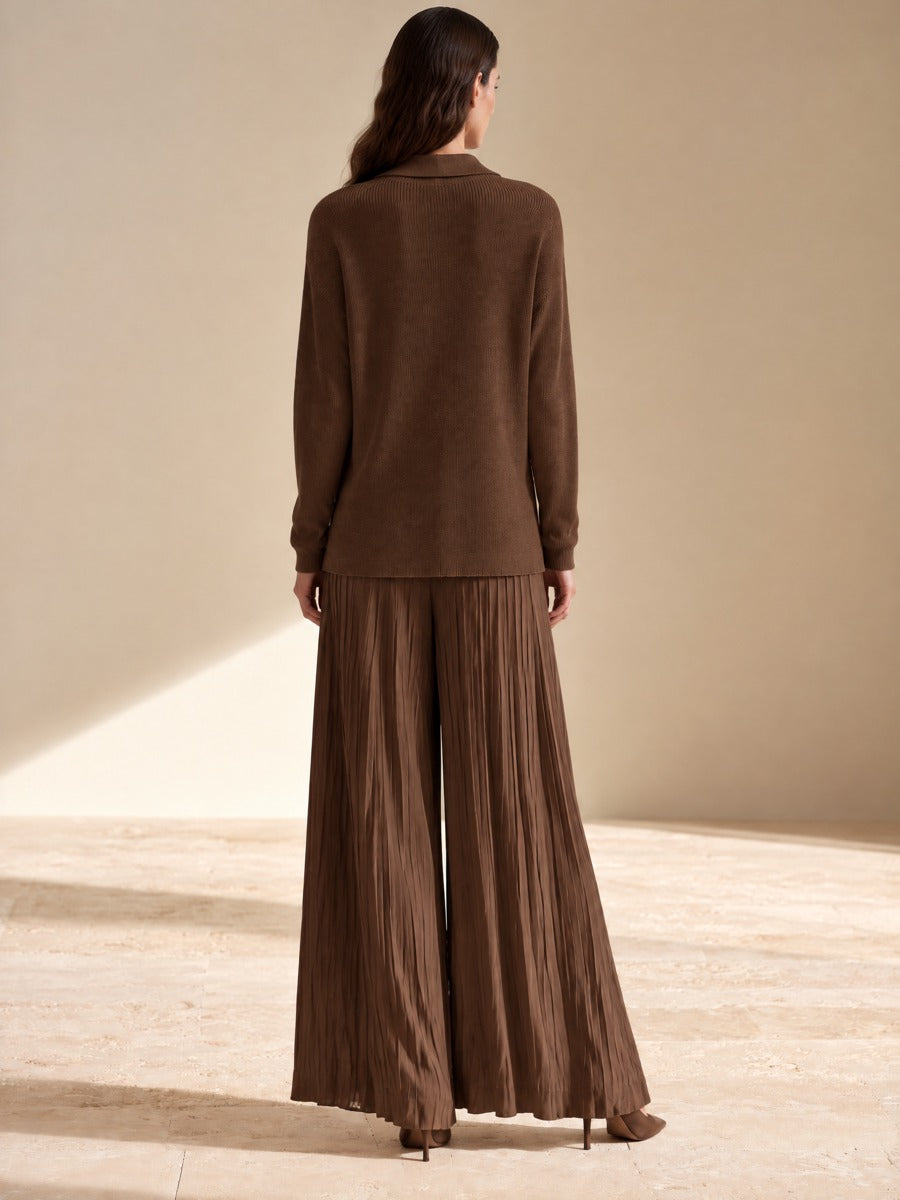 Women's Relaxed Knit Pleated Set Brown Office Wear