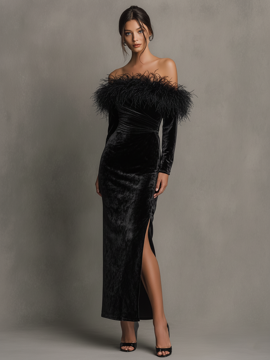 Women's Minimalist Velvet Strapless Long-sleeved Frayed Edge Detail Maxi Dress MDA2823K5Y