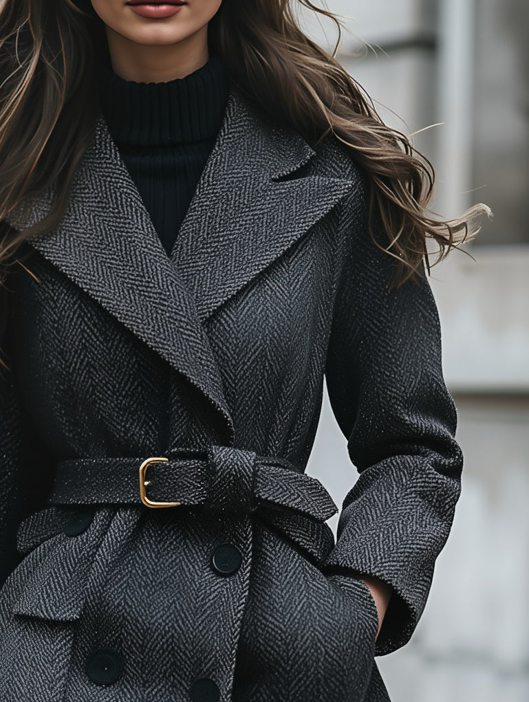 Women's Elegant Dark Pattern Mid-length Peak Lapel Fitted Coat For Autumn And Winter MDA0444K2AN