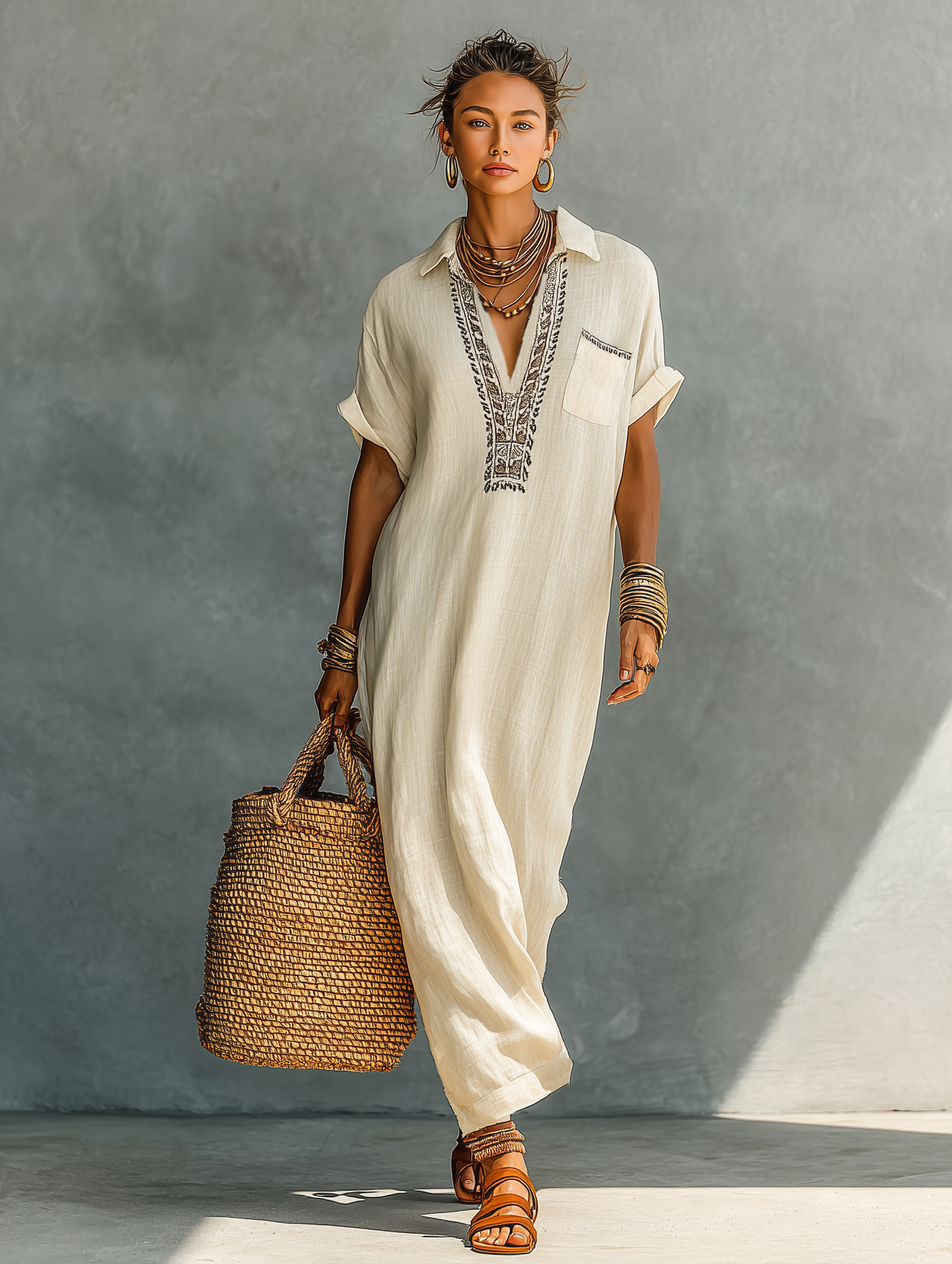 Women's Minimalist Linen-blend Embroidered Maxi Dress MDZ0685A0Y