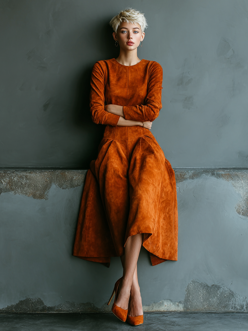 Women's Fashion Suede Round Neck Long Sleeve Midi Dress MDA1485H9Y