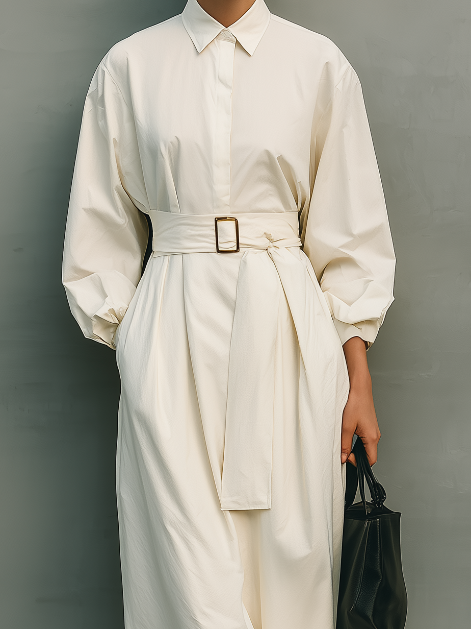 Women's Fashionable And Elegant White Shirt Dress With Long Sleeves, Collar, And Waist Tie MDA1984K9AN
