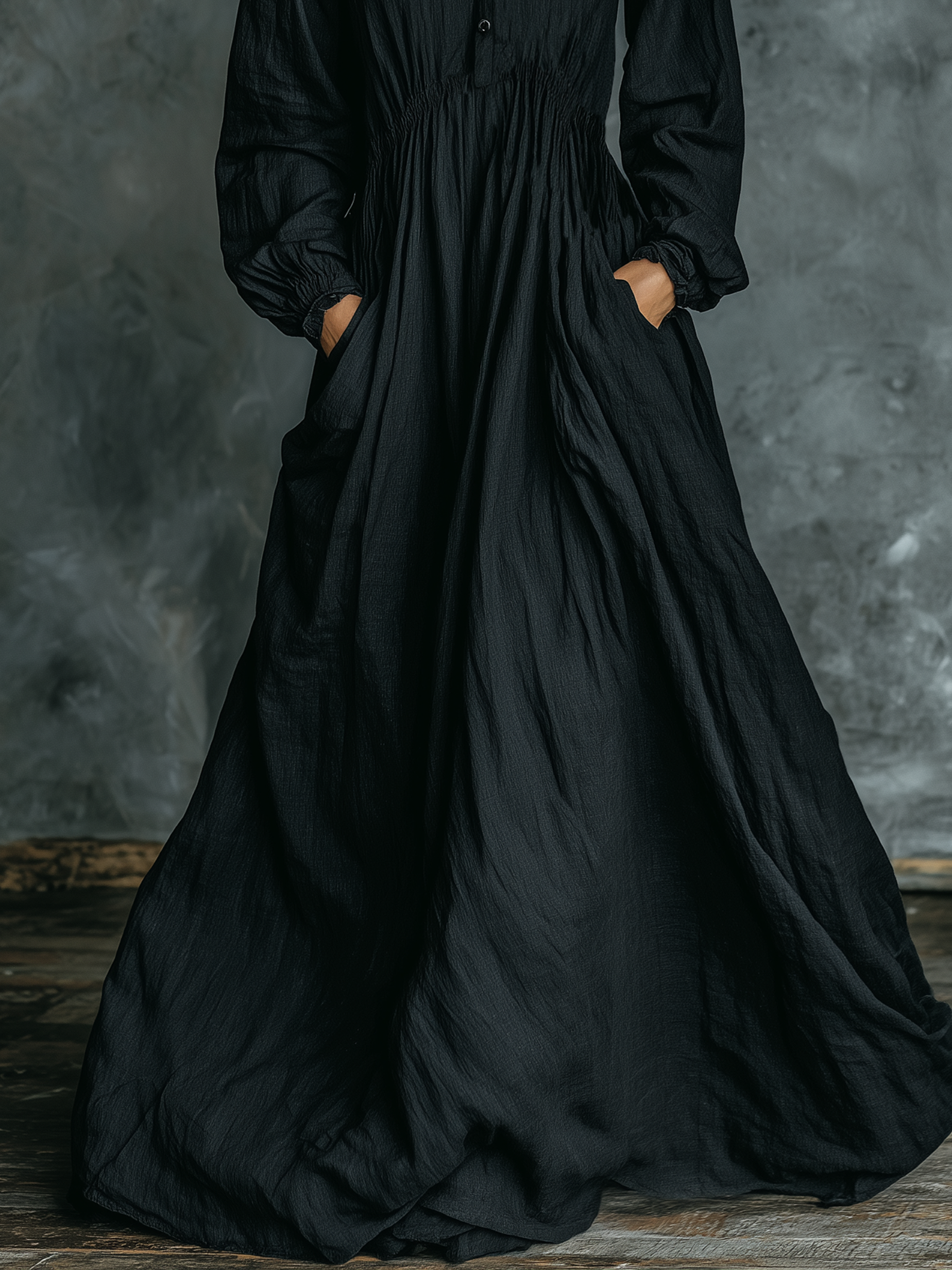 Women's Minimalist Cotton And Linen Stand-collar Maxi Dress MDA0760K9Y