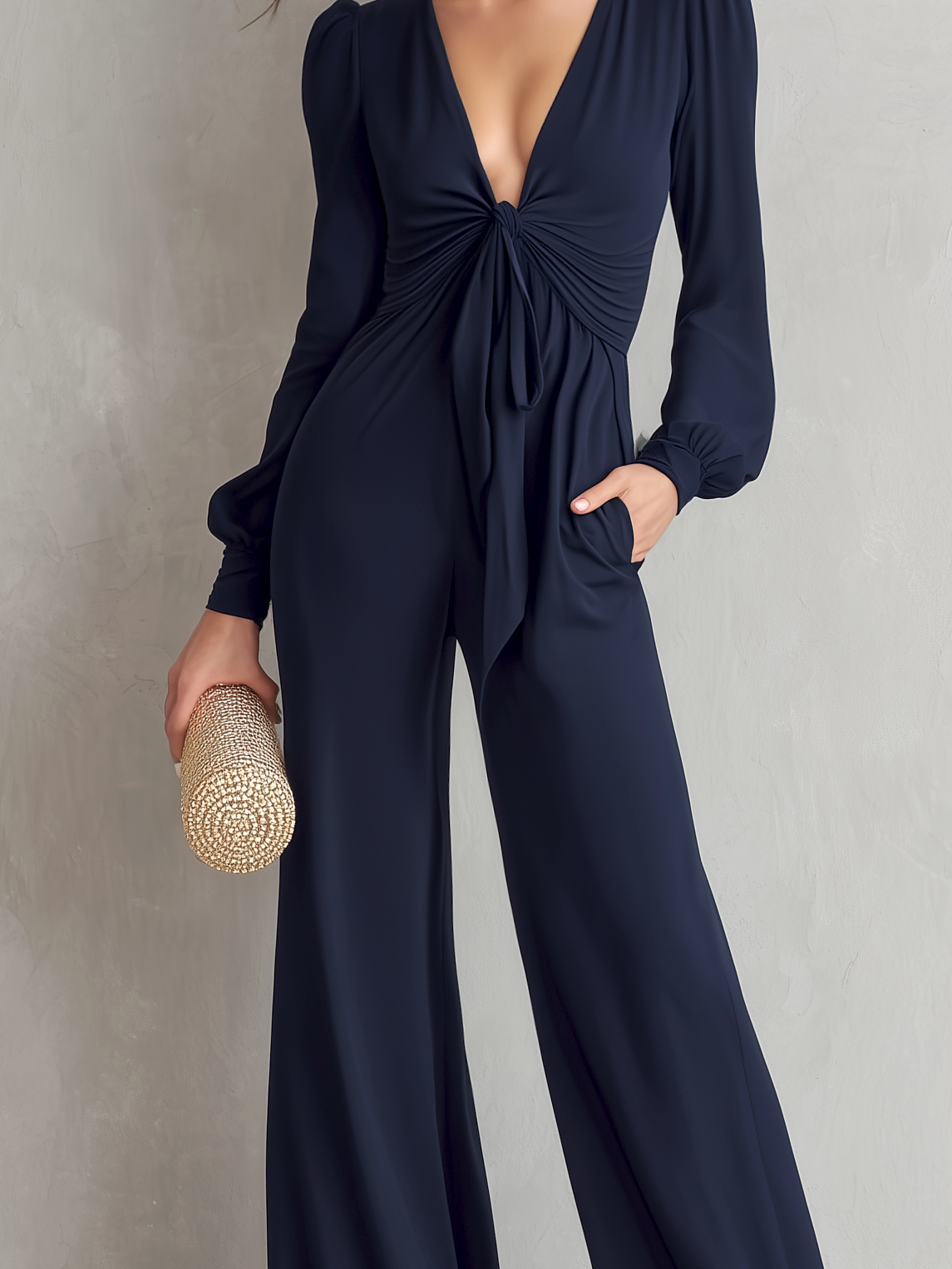 Women's Elegant Dark Blue Woven Chiffon V-neck Long-sleeved Loose Jumpsuit MDZ2490B7AN