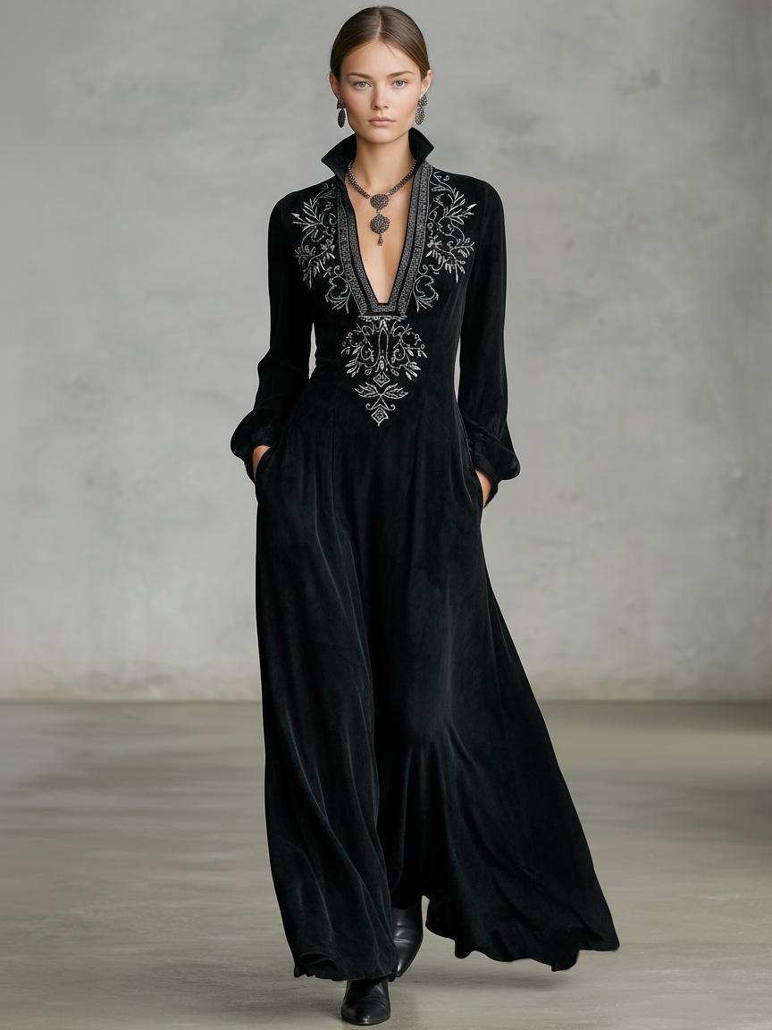Women's Faux Suede Long-sleeved Maxi Dress With Embroidered Neckline MDA2202K7Y