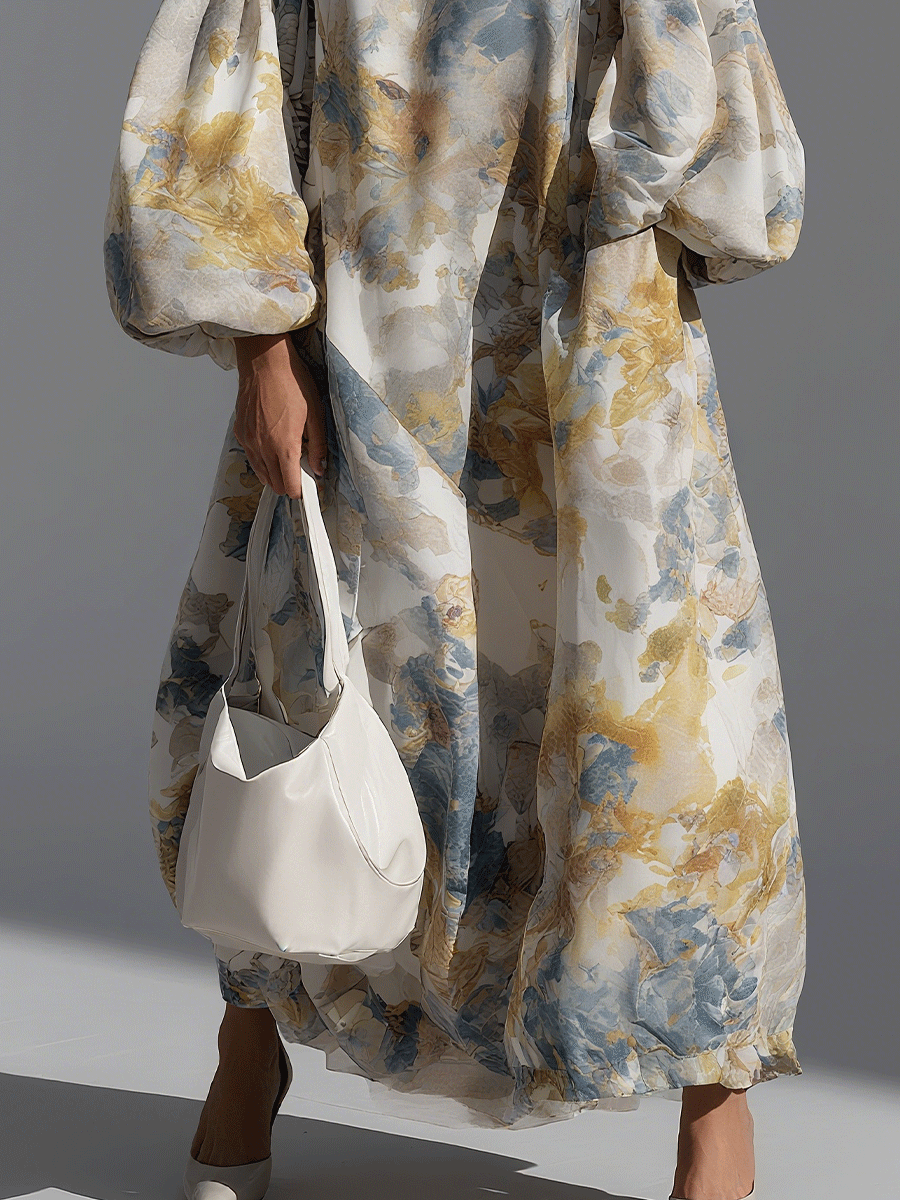 Women's Lantern Sleeve Straight Silhouette Romantic Chiffon Print Maxi Dress MDA3016G6I