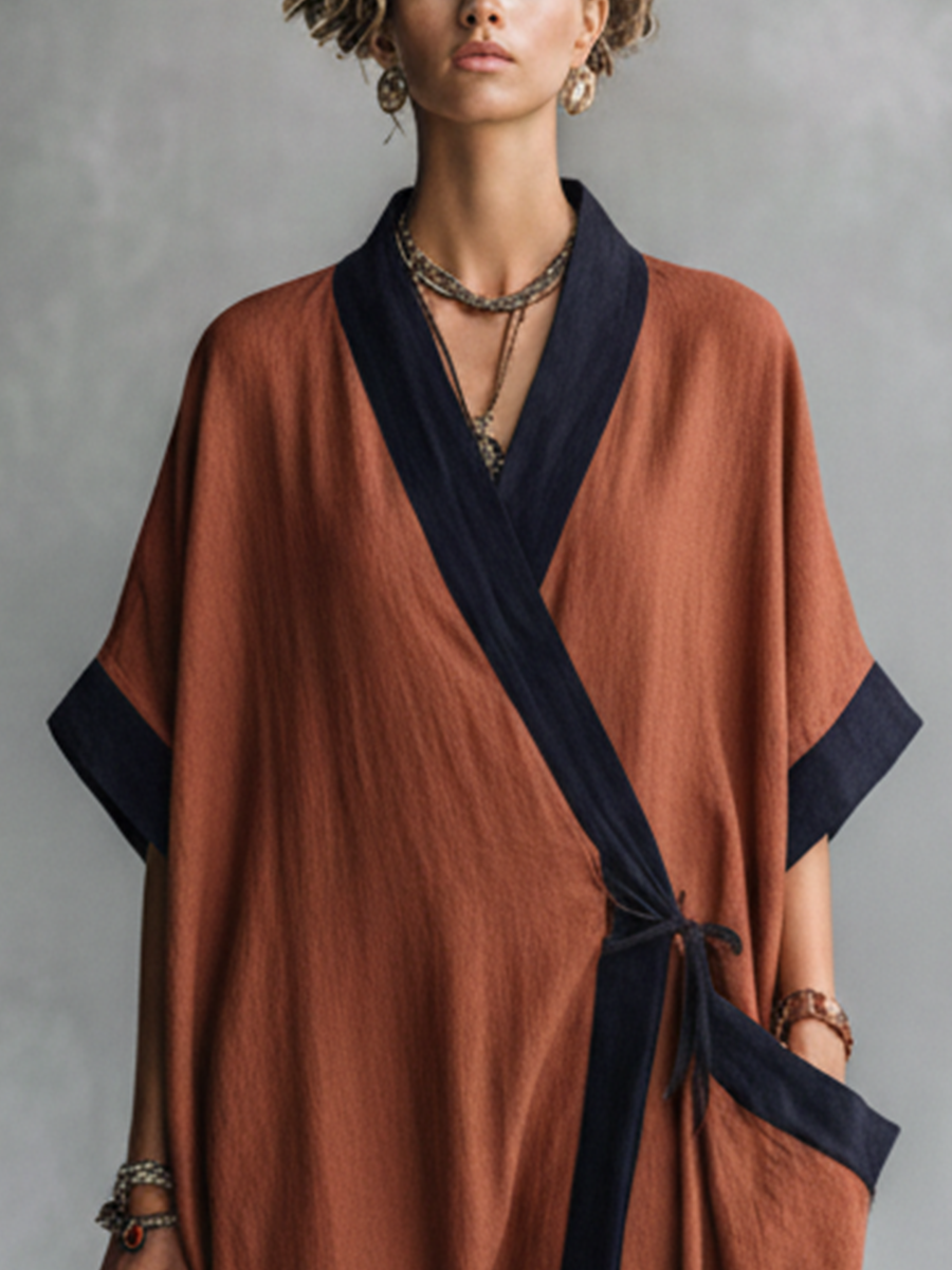 Women's Boho Rust Black Trim Wrap-Around Kaftan Maxi Dress MDZ2709B6BA