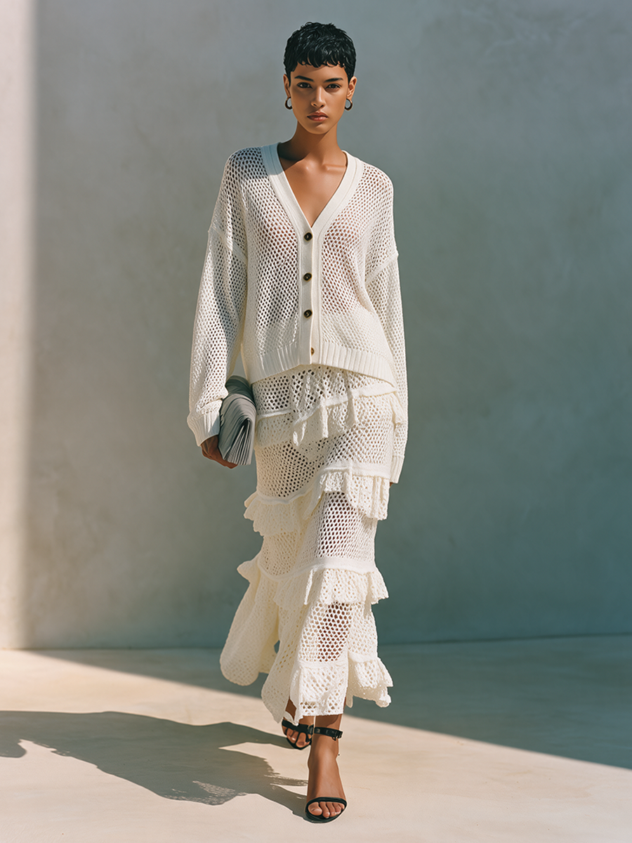 Women's Resort-Style Open-Knit Ruffled Skirt Set MDZ2711H5ZRK