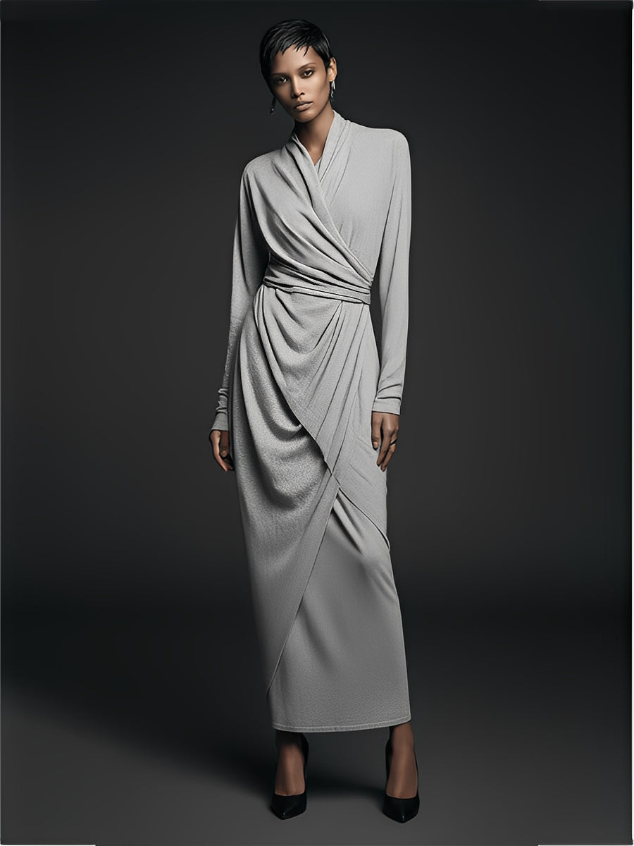 Women's Dusty Gray Stretchy Knit Dress With Wrap Bodice & Ruched Detail, Timeless Sophisticated Style Dress MDA1597L4I