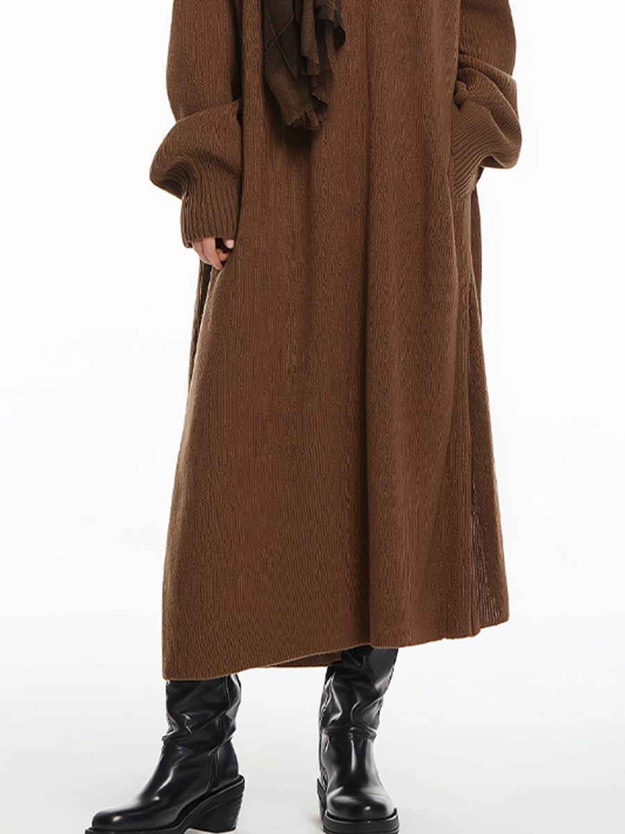 Women's Brown Knit Minimalist Button-Front Oversized Maxi Dress (without Scarf) MDA3155J6I