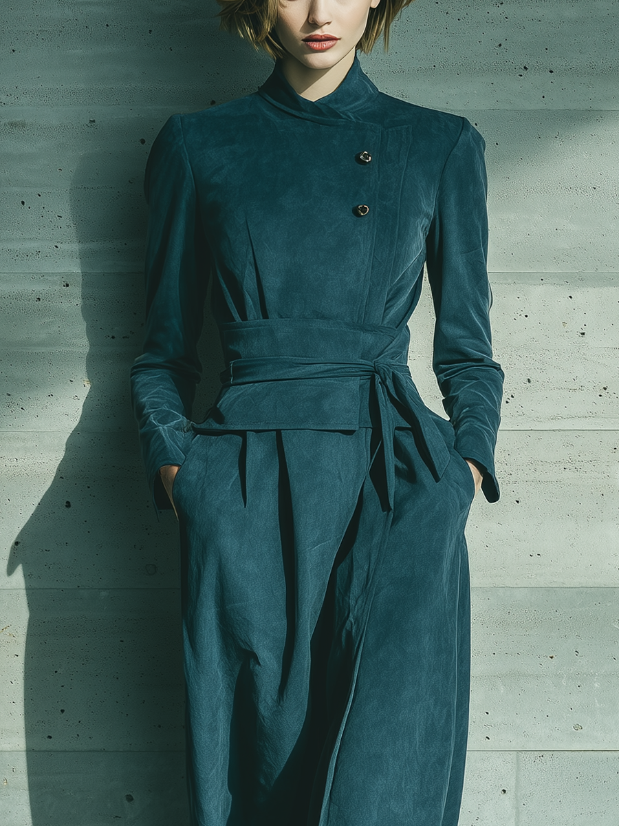 Women's Teal Faux Suede Fabric Long-Sleeve Asymmetric-Button Belted Midi Dress MDA2244L7T