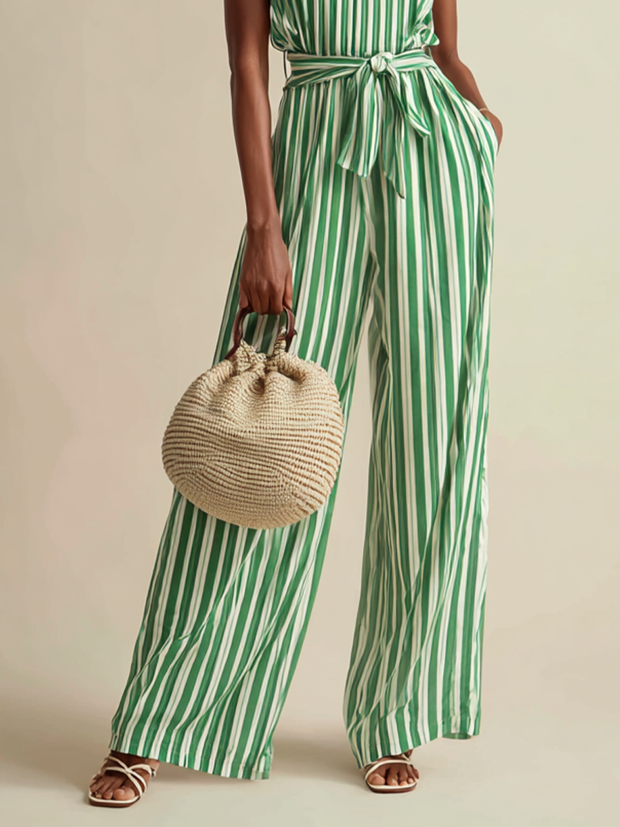 Women's Vacation-style Green And White Striped Halter Neck Wide-leg Jumpsuit MDZ1278B3BA