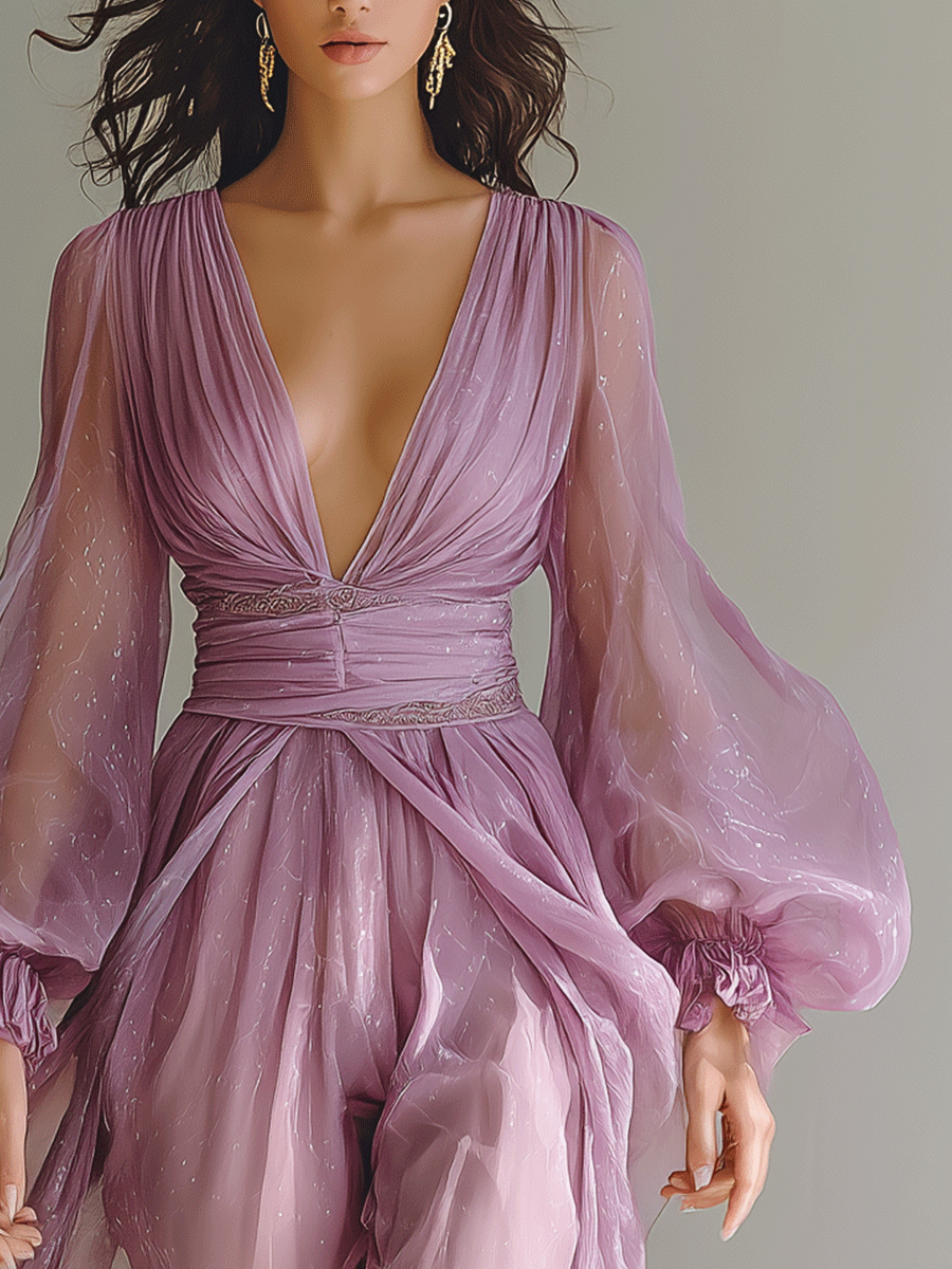 Women's Romantic Lavender Chiffon Jumpsuit With Voluminous Sleeves, Elegant Draping, And Flowy Hem MDA2804G7I