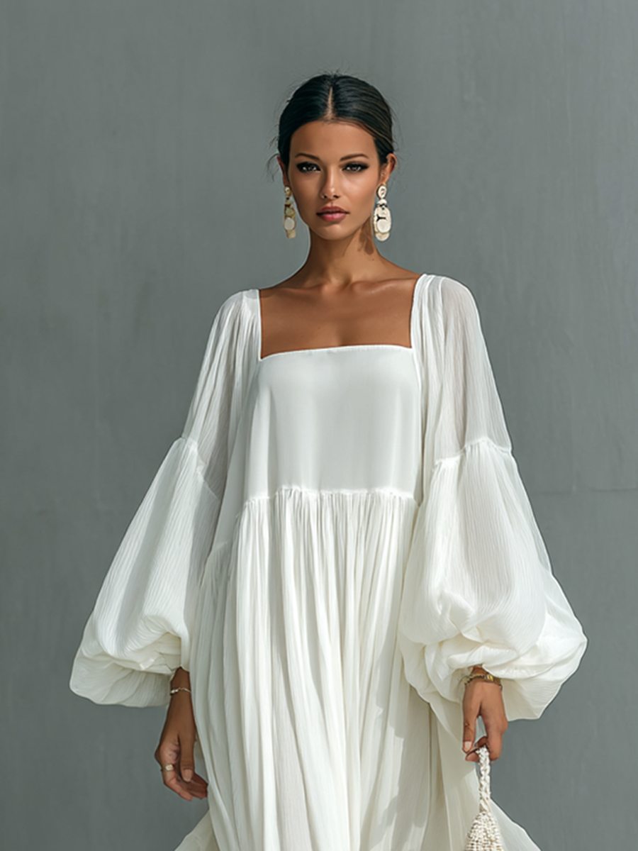 Women's Loose Lapel Lantern Sleeve Pleated Maxi Dress MDA1789G5Y