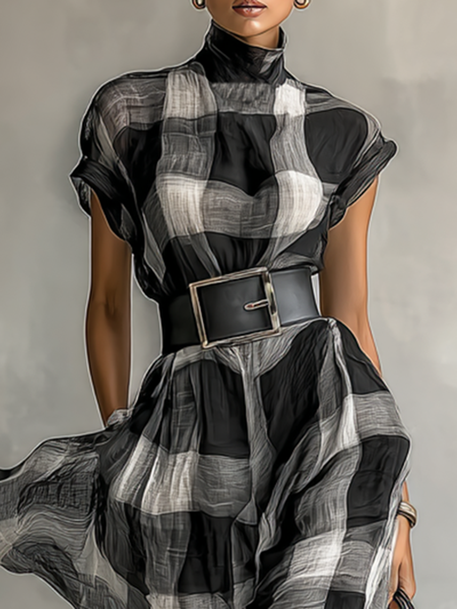 Women's Plaid Chiffon High Collar Short Sleeve Belt Maxi Dress MDA0575G6Y