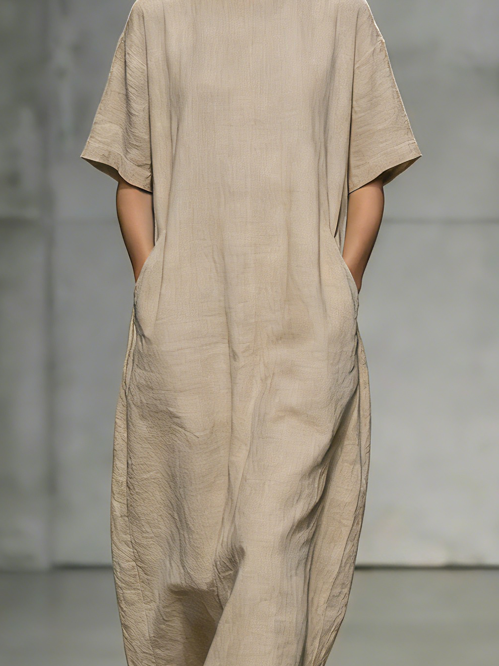 Women's Elegant, Natural-colored Cotton And Linen Blend Round-neck, Short-sleeved, Loose-fitting Long Dress MDZ1466A6AN