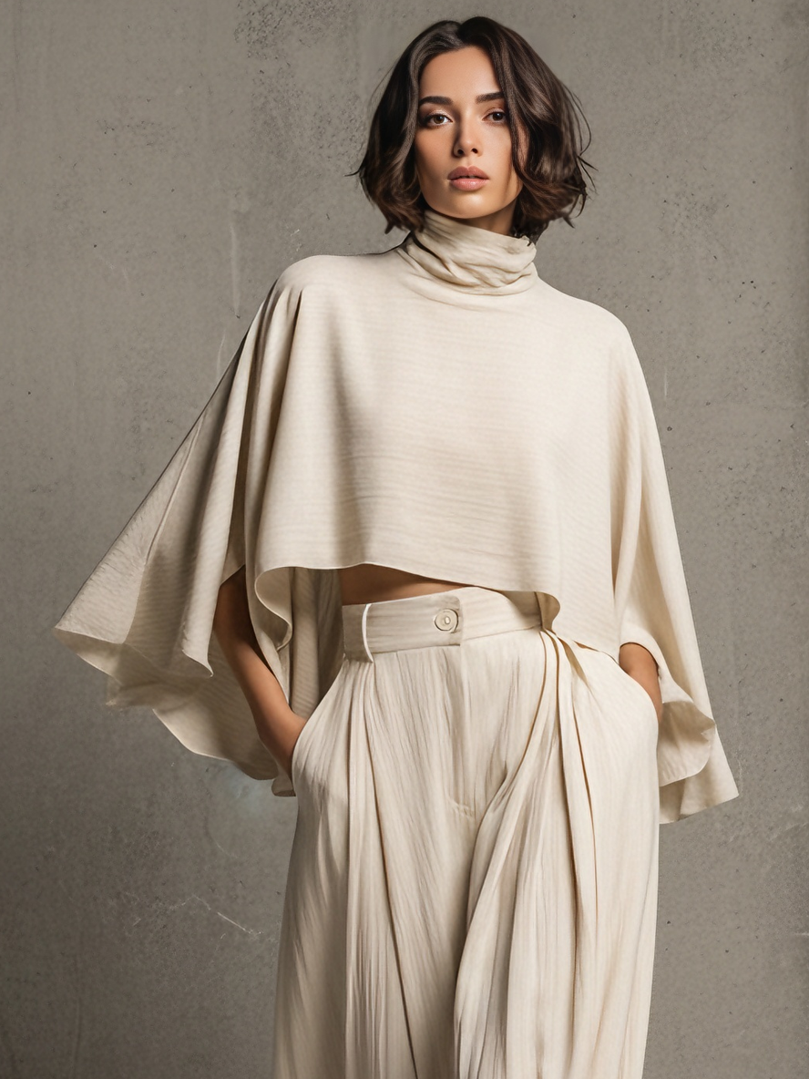 Women's Minimalist Linen-Blend Cream Cowl-Neck Cape-Sleeve Wide-Leg Pants Set MDA1795L6AU