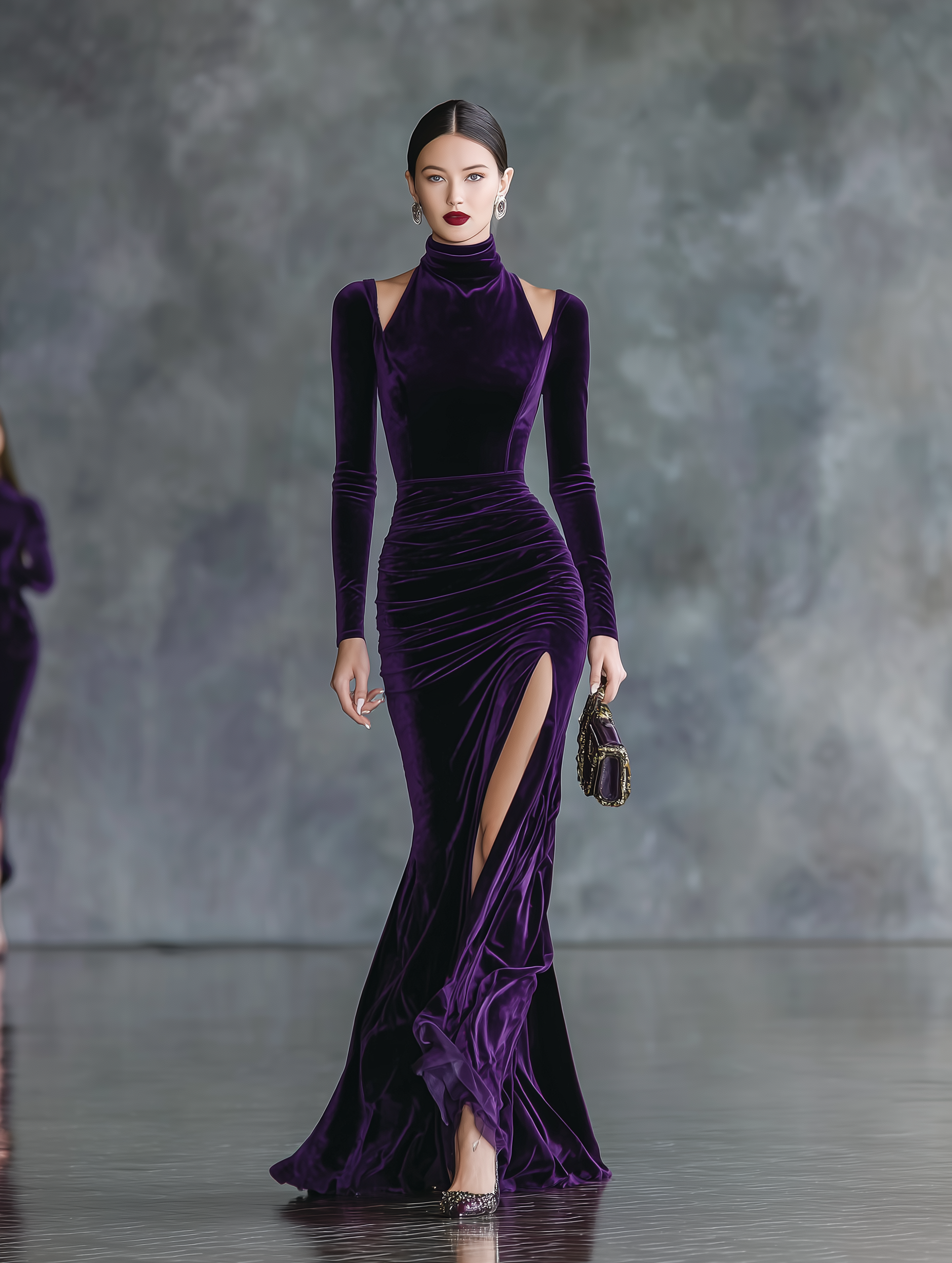 Women's Elegant Dark Purple Stretch Velvet Turtleneck Long-sleeved Slit Dress MDA1025L2AN