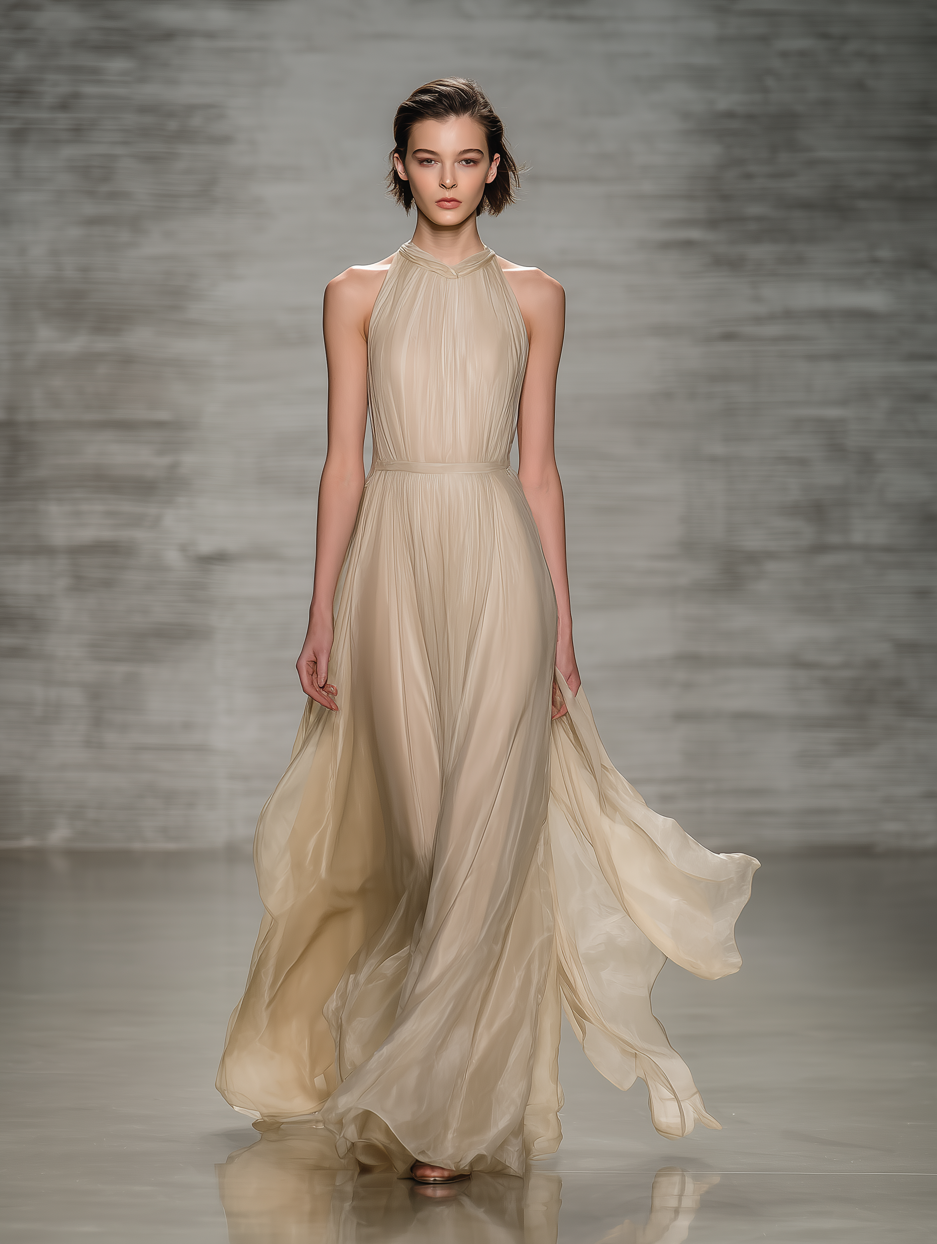 Women's Elegant Apricot-colored Round-neck Sleeveless Chiffon And Organza Long Dress MDA2662L2AN