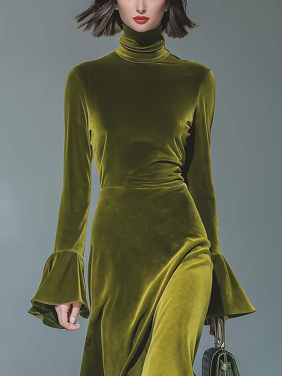 Women's Emerald Green High-neck Ruffled Irregular Hem Maxi Dress MDA2960J9T