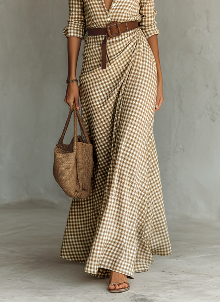 Women's Plaid Shirt Collar Belt Maxi Dress MDA0436K1Y