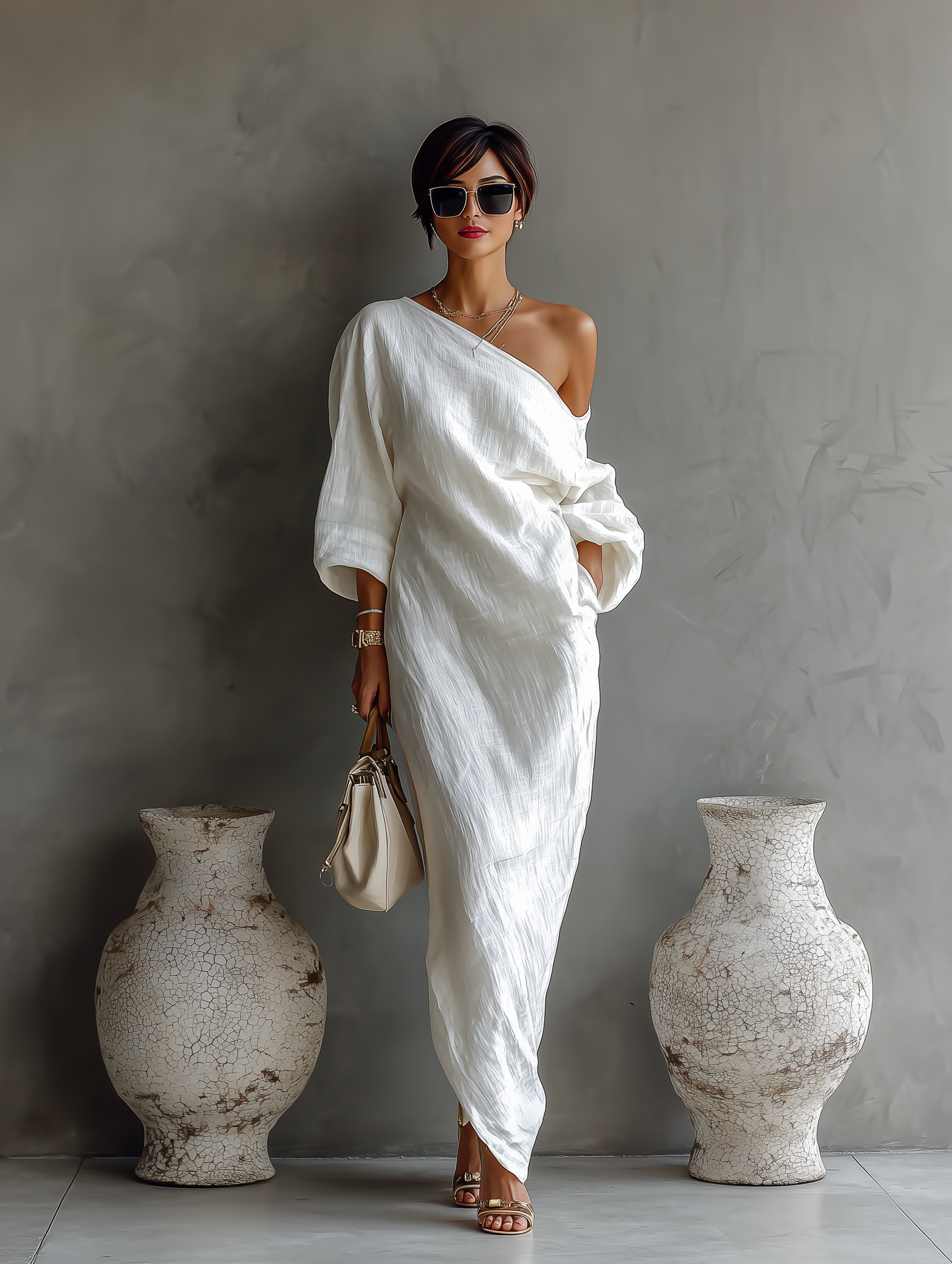 Women's Ivory White Cotton-Linen Blend One-Shoulder Flowing Elegant Dress MDA3032K4T